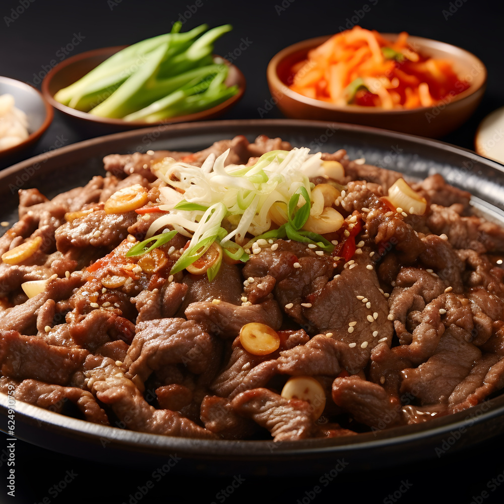 Korean food bulgogi bbq steak grilled menu close up. Asian stir fry ...