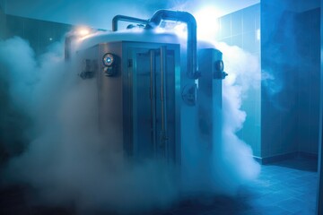 Canvas Print - icy vapor surrounding a cryotherapy machine in a spa, created with generative ai