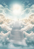 Fototapeta Na sufit - Stairway to heaven, stone staircase leading to orange yellow glow in distance, small person silhouette at end of stairs, clouds around. Generative AI