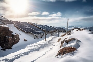 Canvas Print - snowy solar panels on a mountain, natural and sustainable energy, created with generative ai