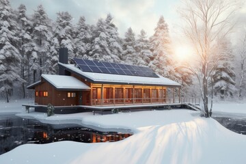 Wall Mural - solar panels on snow-covered lake house or cabin, created with generative ai