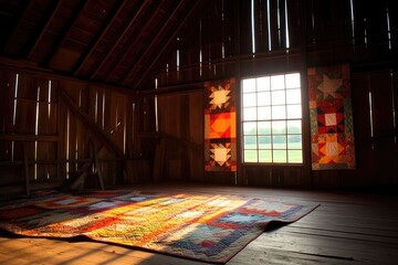 Canvas Print - traditional amish quilt displayed in a barn, created with generative ai