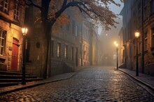 Foggy Cobblestone Street With Glowing Streetlamp, Created With Generative Ai