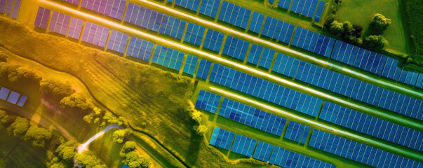 Wall Mural - Solar panels plant, aerial view - rows of photovoltaic cell collectors on a landscape. Green energy concept. Generative AI