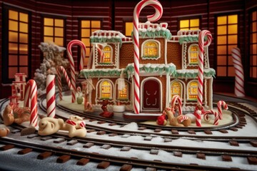 Wall Mural - gingerbread train station with candy cane tracks, created with generative ai