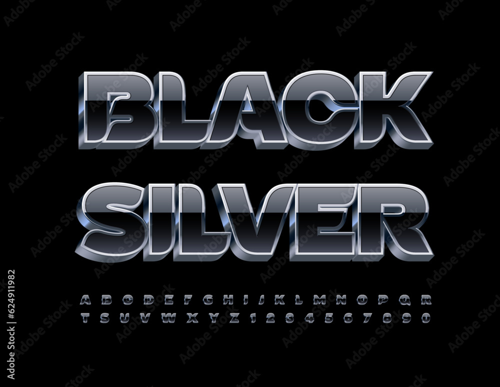 Vector Black and Silver 3D Font. Stylish Alphabet Letters, Numbers and ...