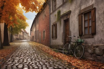 Wall Mural - cobblestone street with bicycle parked by a wall, created with generative ai