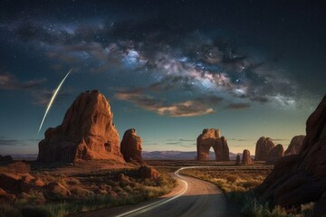Sticker - comets path arching above famous landmarks at night, created with generative ai