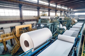 Poster - pulp and paper factory, with enormous machines producing high-quality paper, created with generative ai