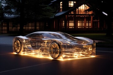 Poster - transparent concept car revealing its advanced interior mechanisms, created with generative ai