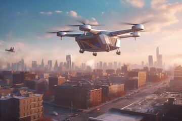 Poster - drone delivering package in residential area, created with generative ai