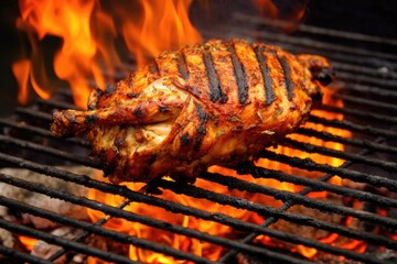 Wall Mural - close-up of seasoned chicken on a grill grate above fire, created with generative ai