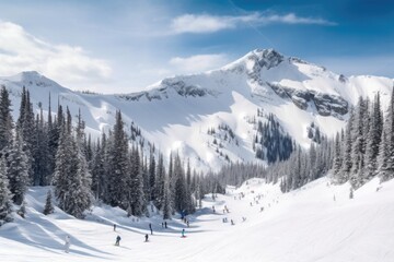 Poster - snowy mountain range, with skiers and snowboarders enjoying the winter weather, created with generative ai