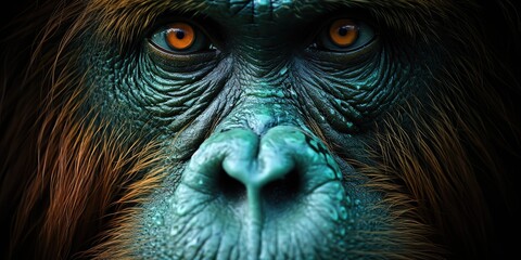 AI Generated. AI Generative. Orangutan monkey face portrait eyes watching on you. Mammal animal background view