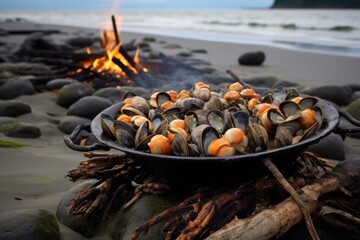 Sticker - clams on a makeshift beach bbq with seaweed, created with generative ai