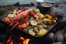 Lobster With Lemon And Herbs Roasting On Beach Bonfire, Created With Generative Ai