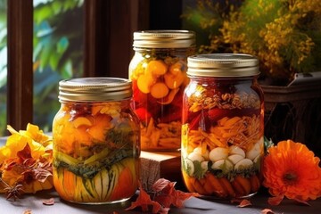 Canvas Print - homemade canned vegetables with autumn leaves decoration, created with generative ai