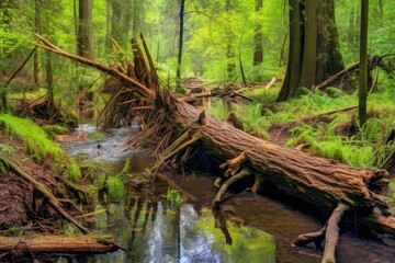 Canvas Print - fallen trees near a beaver dam in a woodland area, created with generative ai