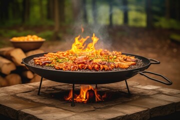 Sticker - paella pan over crackling campfire flames, created with generative ai