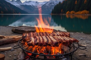 Canvas Print - ribs cooking on a campfire with a lake or mountain view, created with generative ai