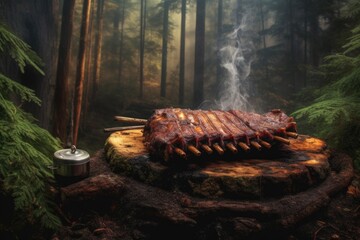 Wall Mural - grilled ribs with forest backdrop and campfire, created with generative ai