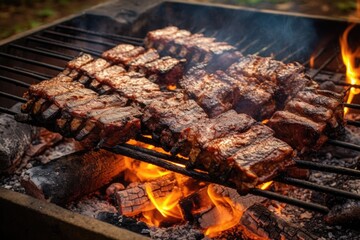 Poster - seasoned ribs sizzling on a campfire grill, created with generative ai