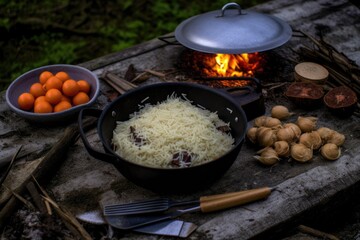 Poster - ingredients for risotto arranged around campfire, created with generative ai