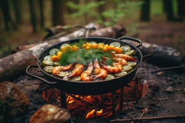 Sticker - campfire shrimp with herbs and spices on skewers, created with generative ai