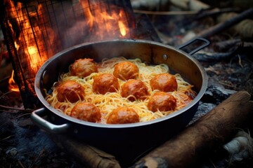 Wall Mural - spaghetti and meatballs in a tin plate near campfire, created with generative ai