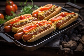 Wall Mural - vegan hot dogs cooking on a cast iron grill plate, created with generative ai