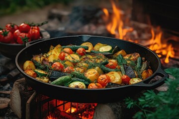 Sticker - cast iron pan with sizzling vegetables on campfire, created with generative ai