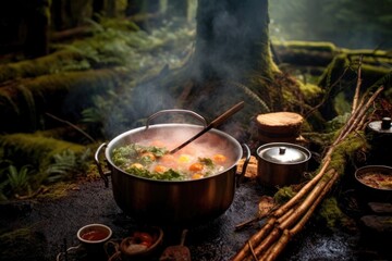 Poster - campfire with steaming pot of vegetable soup, created with generative ai