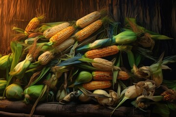 Poster - pile of freshly harvested corn cobs, created with generative ai