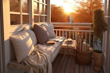 Canvas Print - cozy reading nook on a balcony with cushions and a book, created with generative ai