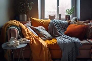 Sticker - soft blankets and cushions on a comfy couch, created with generative ai