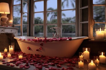 Canvas Print - overflowing bathtub with candles and rose petals floating, created with generative ai