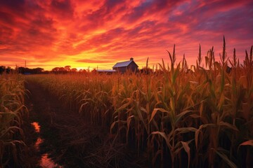 Poster - sunset over a cornfield with stalks ready for harvest, created with generative ai