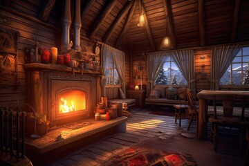 Poster - warm fireplace inside a wooden winter cabin, created with generative ai