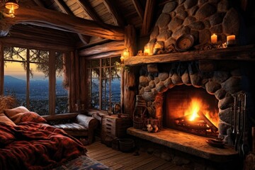 Wall Mural - cozy fireplace with crackling fire in cabin, created with generative ai