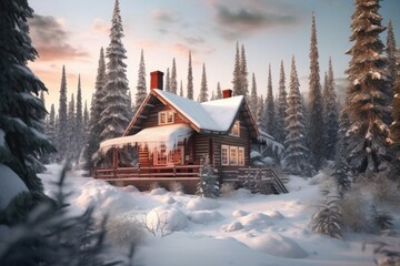 Sticker - snowy cabin surrounded by frosty pine trees, created with generative ai