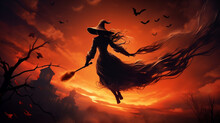 Halloween Witch Silhouette Flying Moon New Quality Universal Colorful Technology Image Illustration Design, Generative Ai