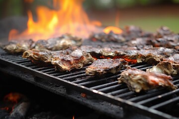 Sticker - close-up of oysters on a grill over campfire flames, created with generative ai