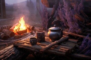 Sticker - steaming cup of lavender tea on a log near campfire, created with generative ai