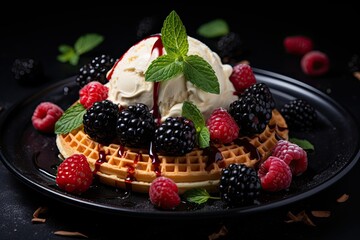 Wall Mural - waffle with ice cream and fresh berries 