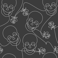 Wall Mural - Monochrome seamless vector pattern. Skull rose flower icon. Line continuous drawing. Hand drawn background illustration. Wallpaper print, fabric, wrapping paper, graphic design, card, brochure.