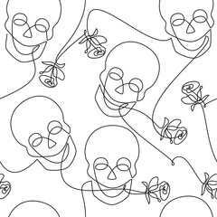 Wall Mural - Outline seamless vector pattern. Skull rose flower icon. Line continuous drawing. Hand drawn background illustration. Wallpaper print, fabric, wrapping paper, graphic design, card, brochure.