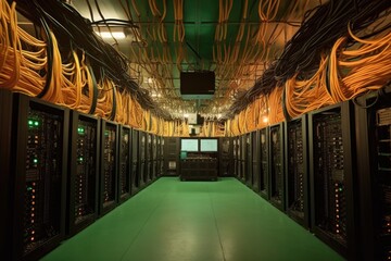 Poster - data center room with rows of computers and cables, created with generative ai