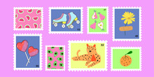 Collection Creative Post Stamps With Cats, Fruits, Roller Skates, Love Lollipop. Cute Stamp Vector Illustration For Using On Envelopes. Mail And Post Office Conceptual Drawing
