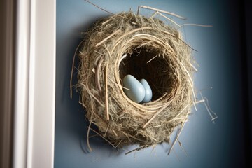 Poster - close-up of a bird nest built inside a vent, created with generative ai