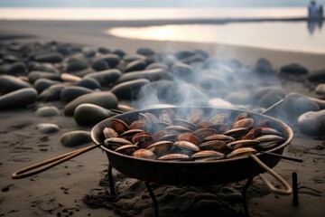 Poster - clams cooking on a beach bbq grill with smoke, created with generative ai